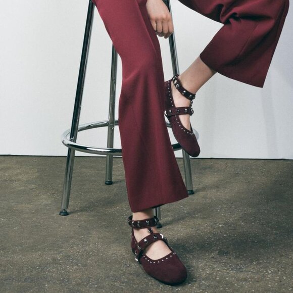 Zara Studded Suede Ballet Flats - Burgundy Red - Size 10 - Ankle Strap - Chic - Picture 1 of 9